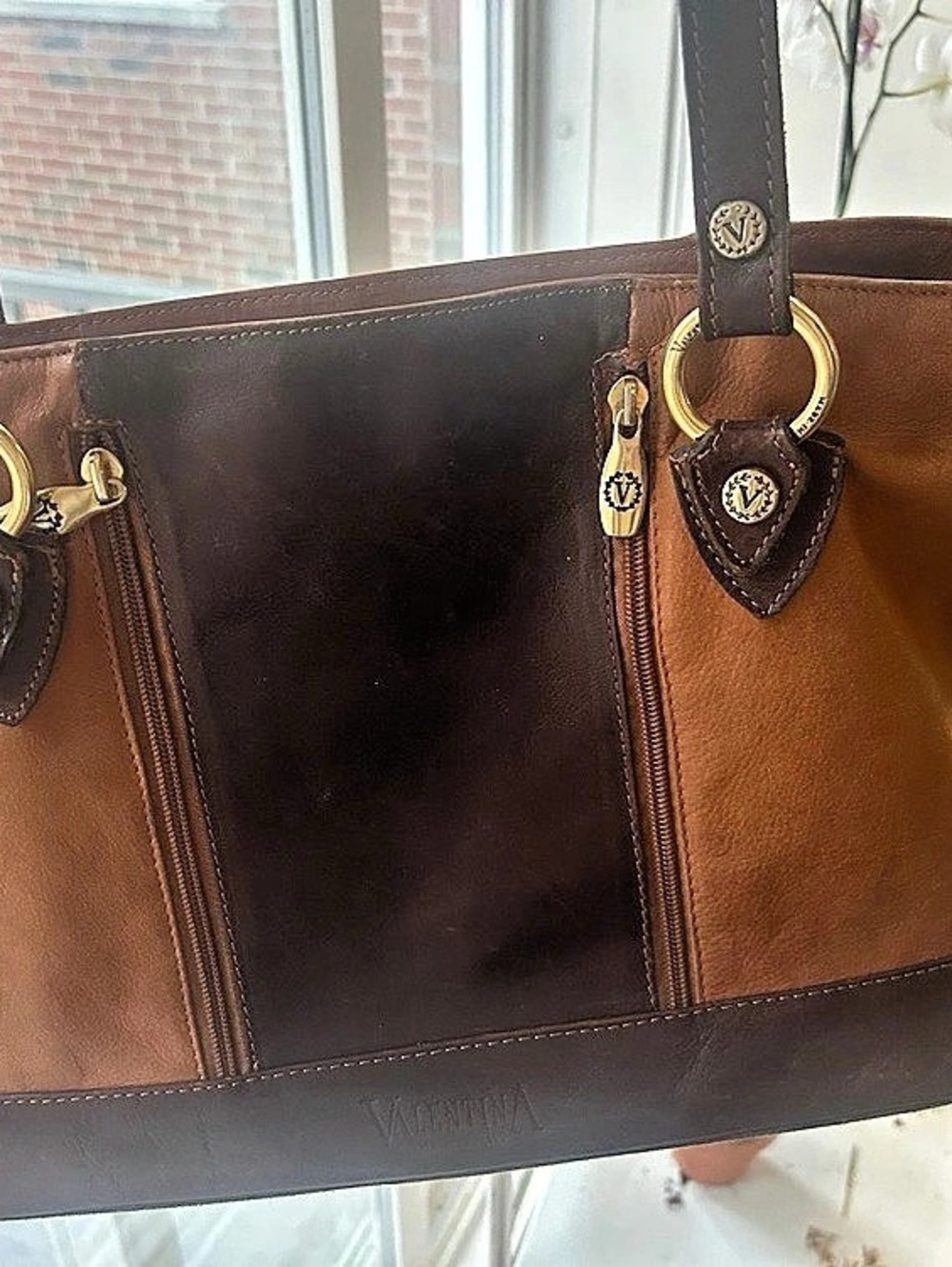 Vintage Italian Genuine Leather Shoulder Bag – Two-Tone Tan & Brown